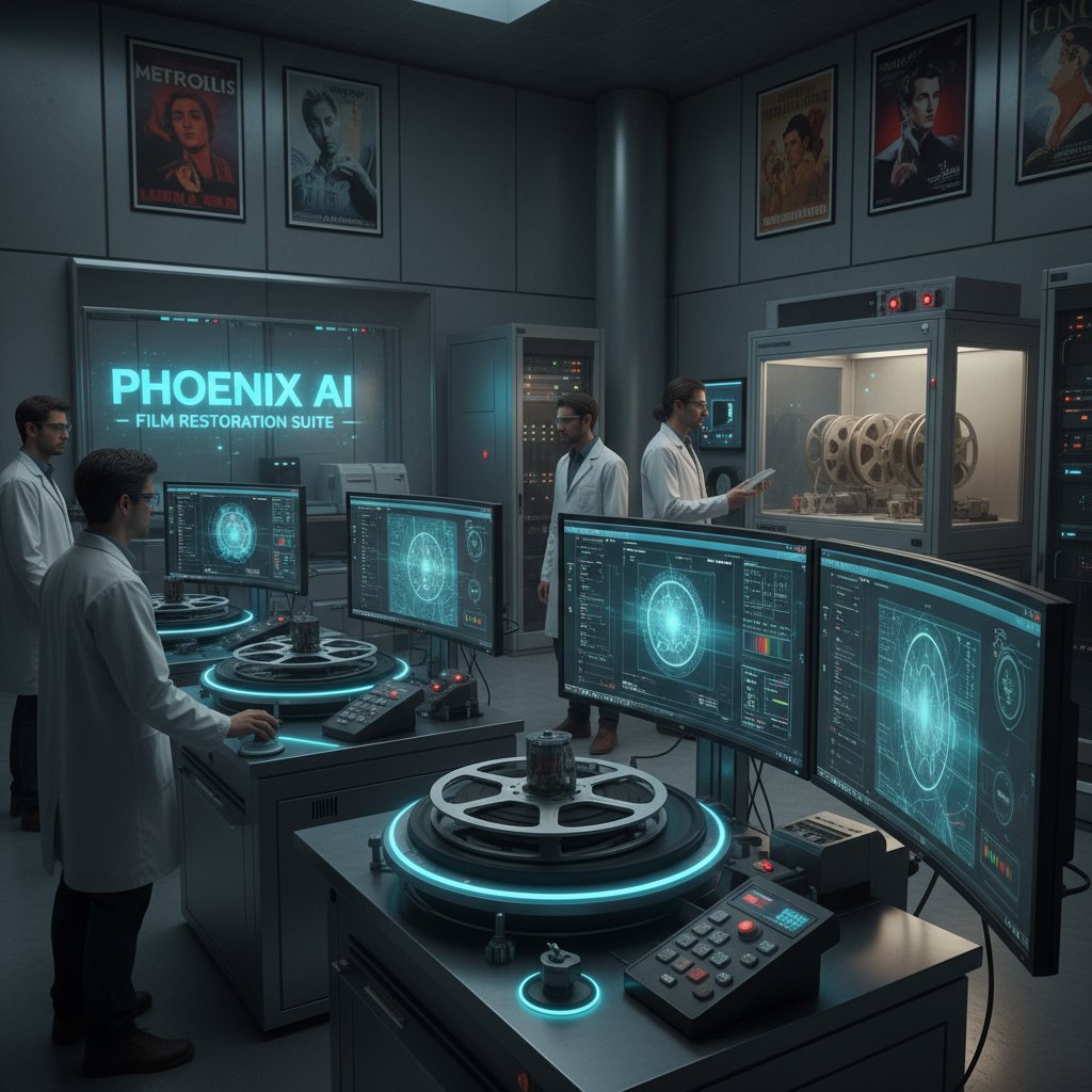 Technician using AI software to restore classic film footage