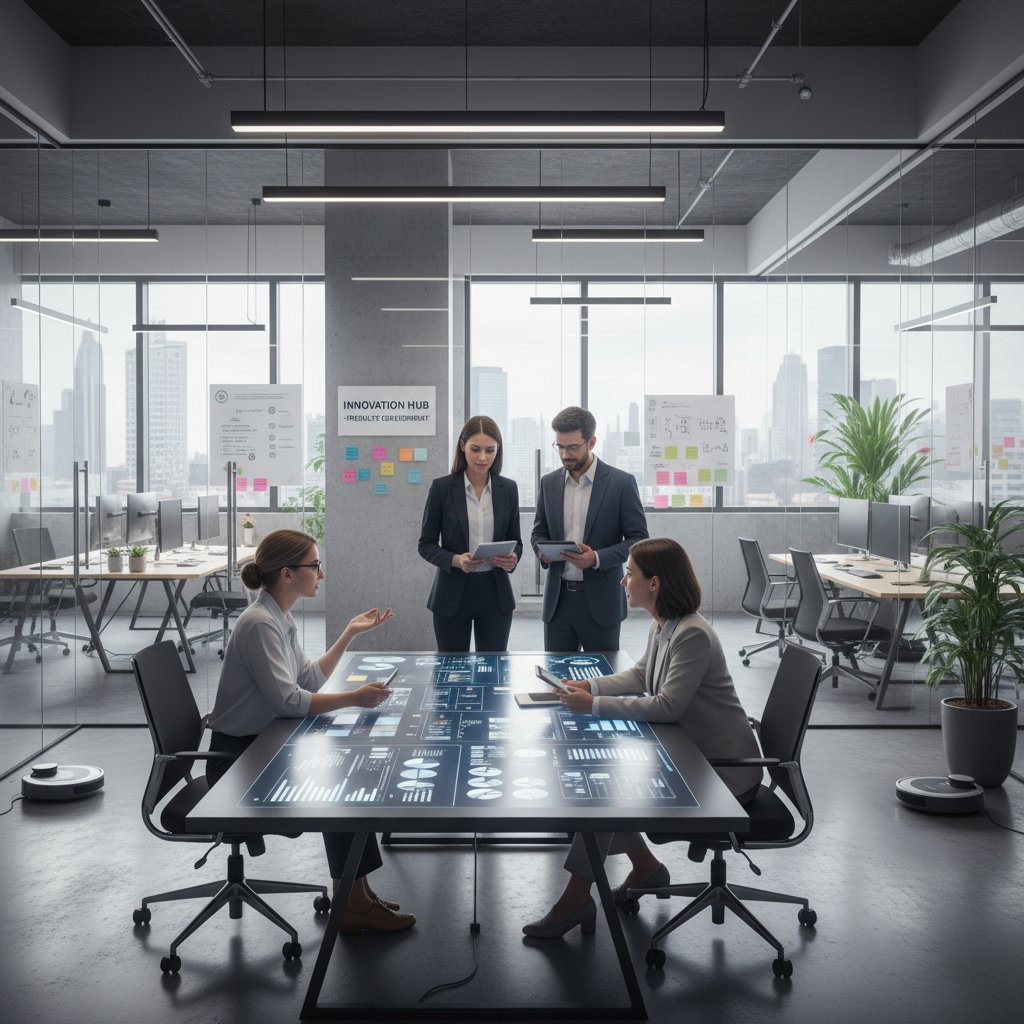 Specjalista analizuje dane AI na laptopie, kreatywna praca w zespole nad produktem, nowoczesne biuro