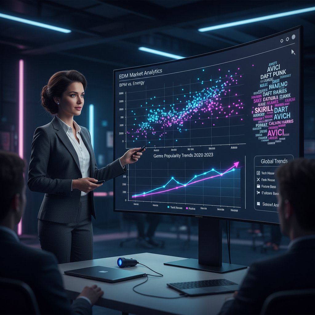 Specjalista ds. AI prezentujący analizę EDM na ekranie dużego monitora