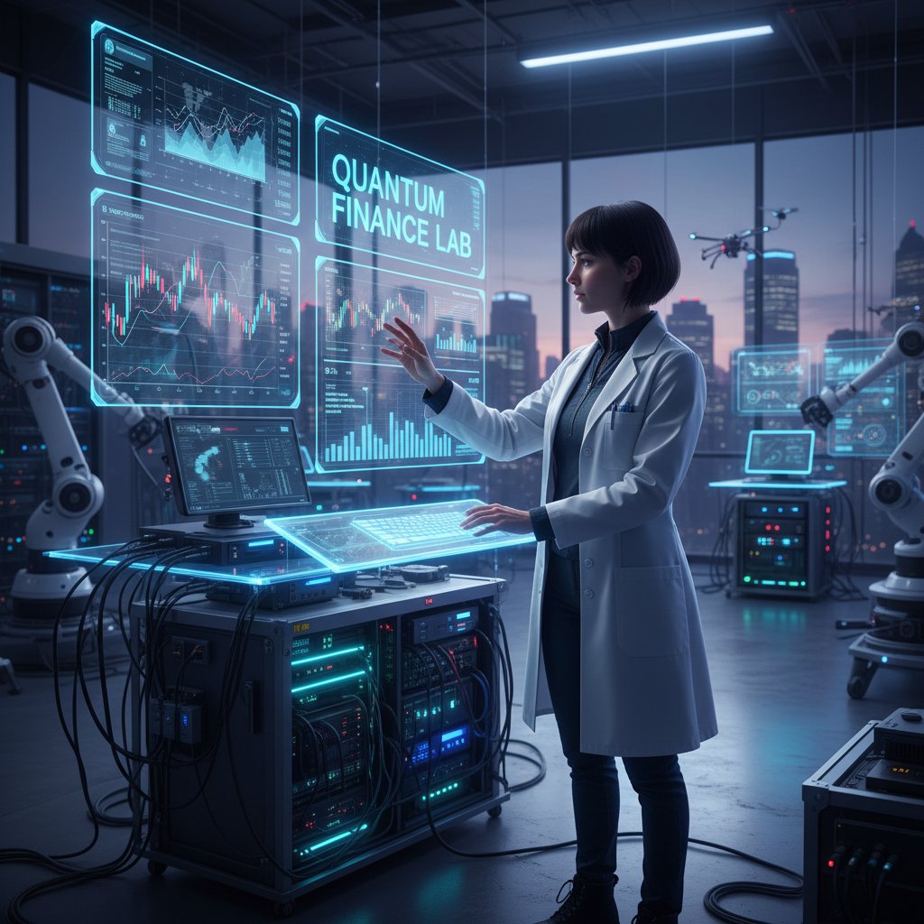 Specjalista AI testujący najnowsze technologie symulacji finansowej na monitorach w nowoczesnym laboratorium