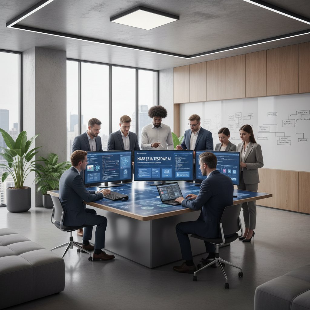 Zespół specjalistów AI testujący różne narzędzia do obsługi języka polskiego, nowoczesne biuro