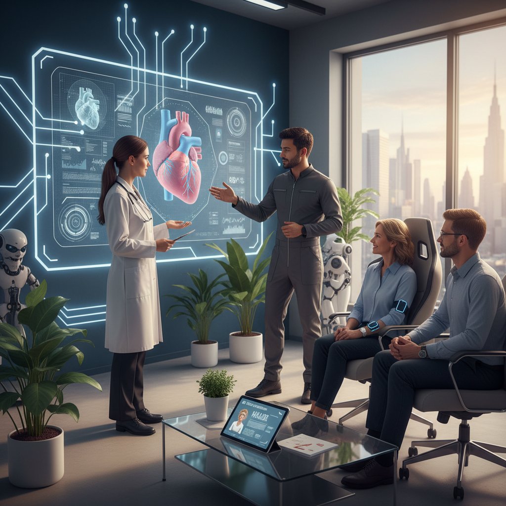 Przedstawiciel startupu AI prezentujący rozwiązanie pacjentowi