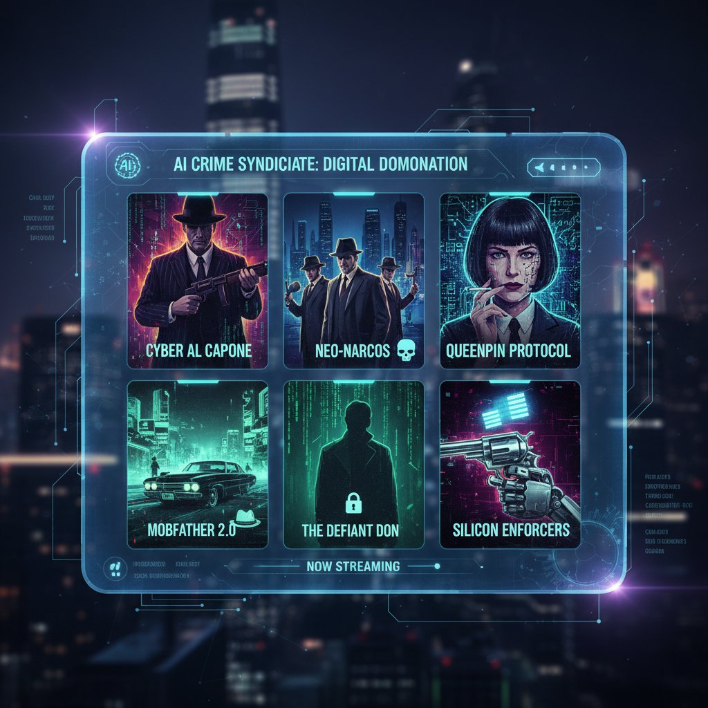 Futuristic streaming interface, gangster movie thumbnails, vibrant tech aesthetic, digital browsing