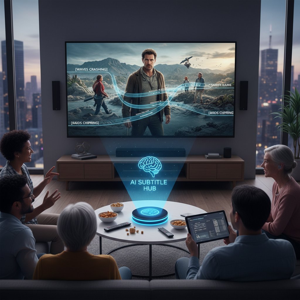 AI-powered subtitle generation demo for accessible movies, showing diverse users engaging with tech