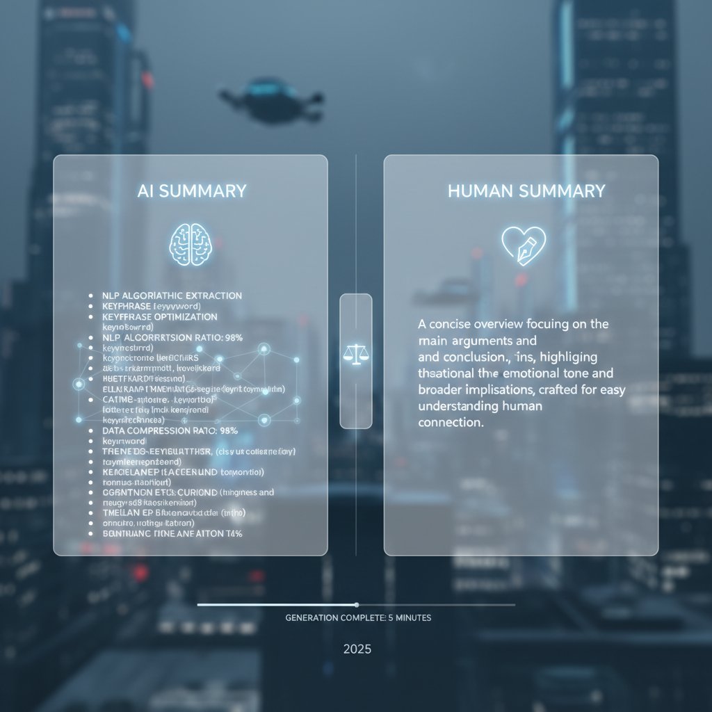 Split-screen photo showing AI-generated summary and human summary, illustrating differences in nuance and accuracy, modern interface, 2025 aesthetics