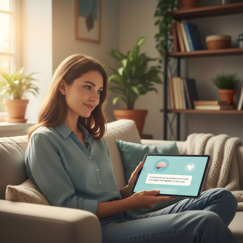 Ilustracja osoby korzystającej z aplikacji wsparcia emocjonalnego, keywords: ai-support--emotional-health