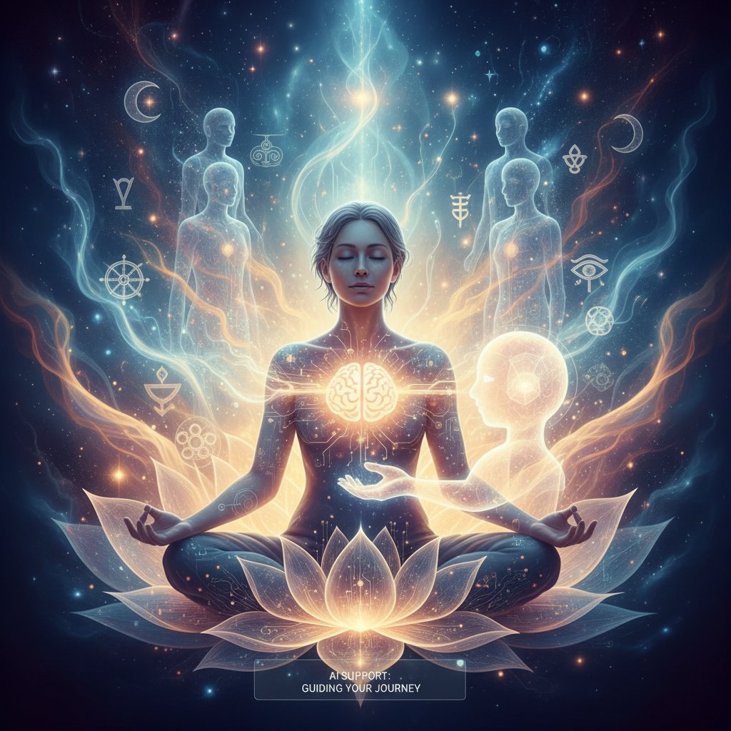 Osoba korzystająca z aplikacji AI do wsparcia emocjonalnego w domowym zaciszu, symbol nowoczesnych narzędzi w przebudzeniu duchowym