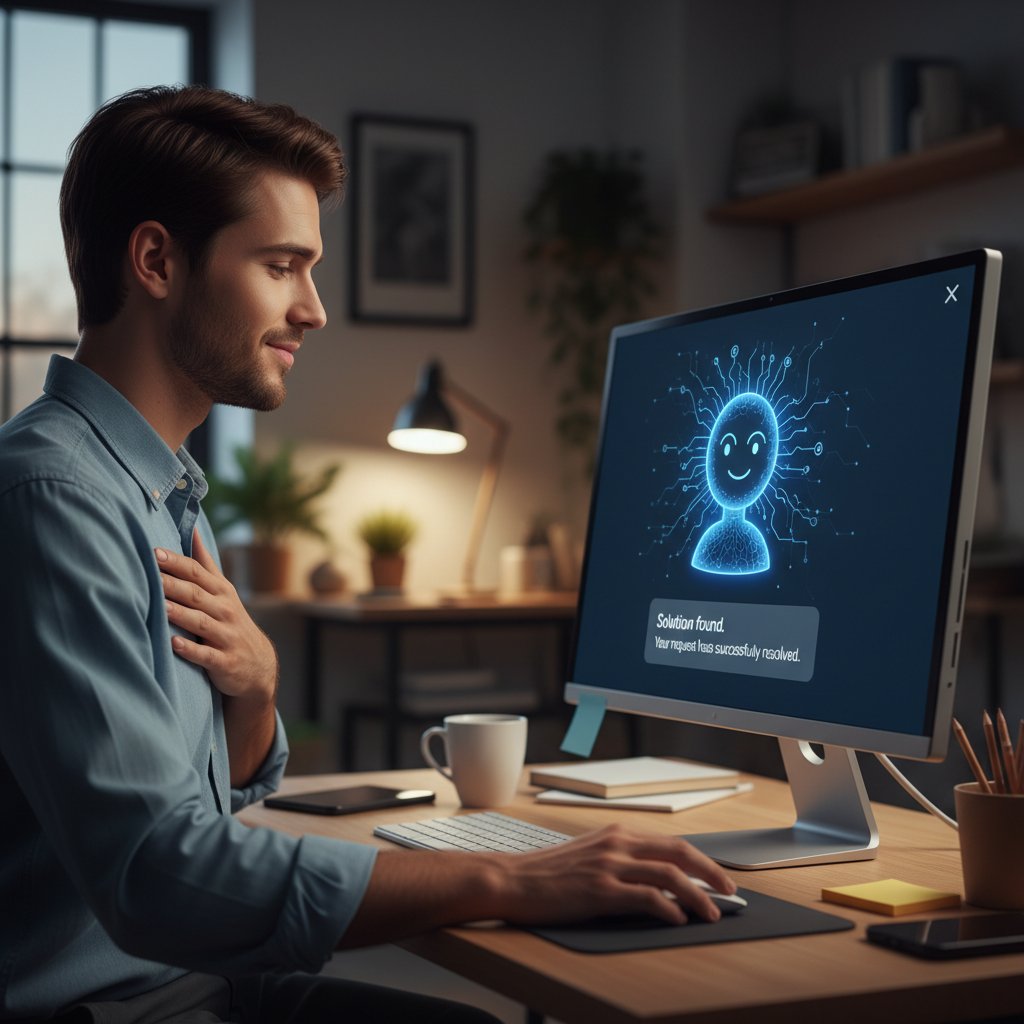 Zdjęcie młodej osoby korzystającej z aplikacji AI na smartfonie, z widocznym wyrazem ulgi – wsparcie AI w pracy