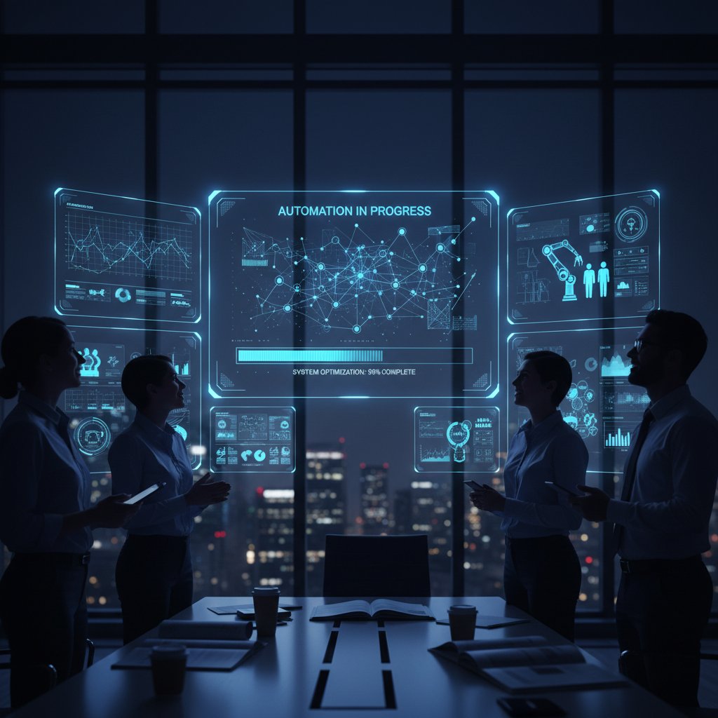 AI support dashboard glowing in dark office, anticipation of automation, sleek style