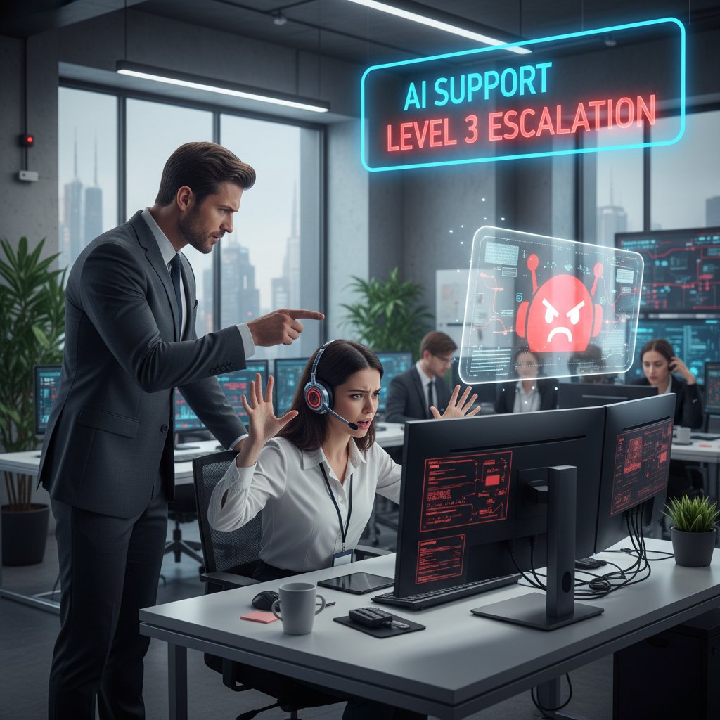 AI decision tree for escalating customer support issues, showing a support agent interacting with a computer in a modern office