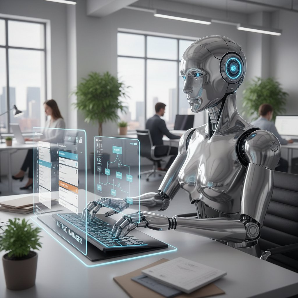 AI support helper analyzing email tasks on computer screen, modern office setting