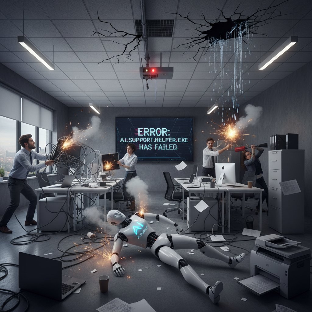 Frustrated employees dealing with malfunctioning AI support helper in chaotic office