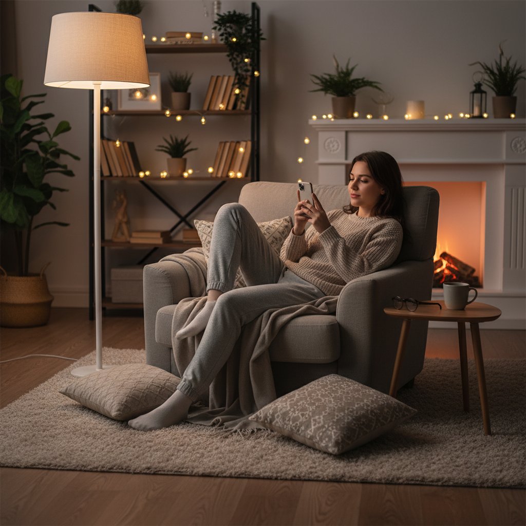 AI wspiera relaks online – młoda osoba rozmawia z AI na smartfonie