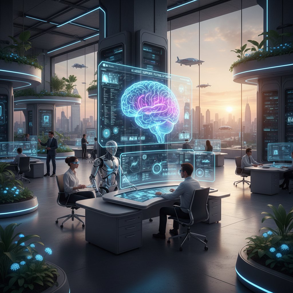 AI support solution shaping the future workplace, futuristic office, digital coworker overseeing busy team, connected office
