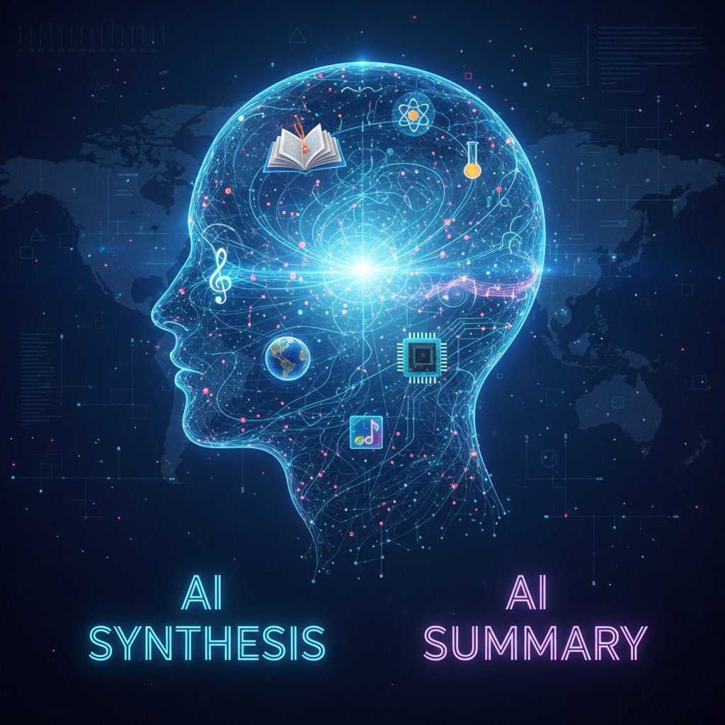 Porównanie syntezy i streszczenia przez AI na przykładzie ChatGPT; widok ekranu split, po lewej AI łączy różne źródła, po prawej AI skraca pojedynczy tekst