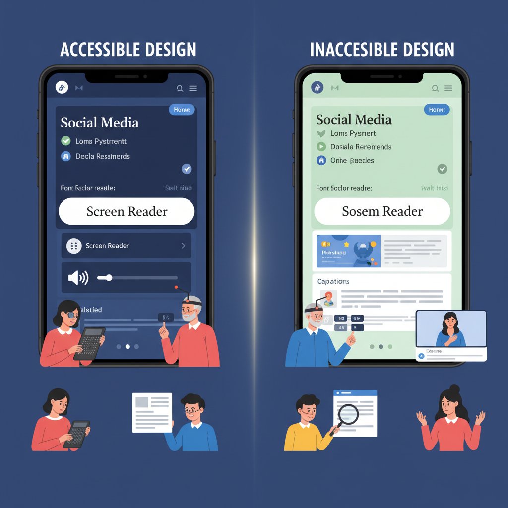 AI system showing both accessible and inaccessible design—split screen with diverse users engaging with inclusive and exclusive digital interfaces