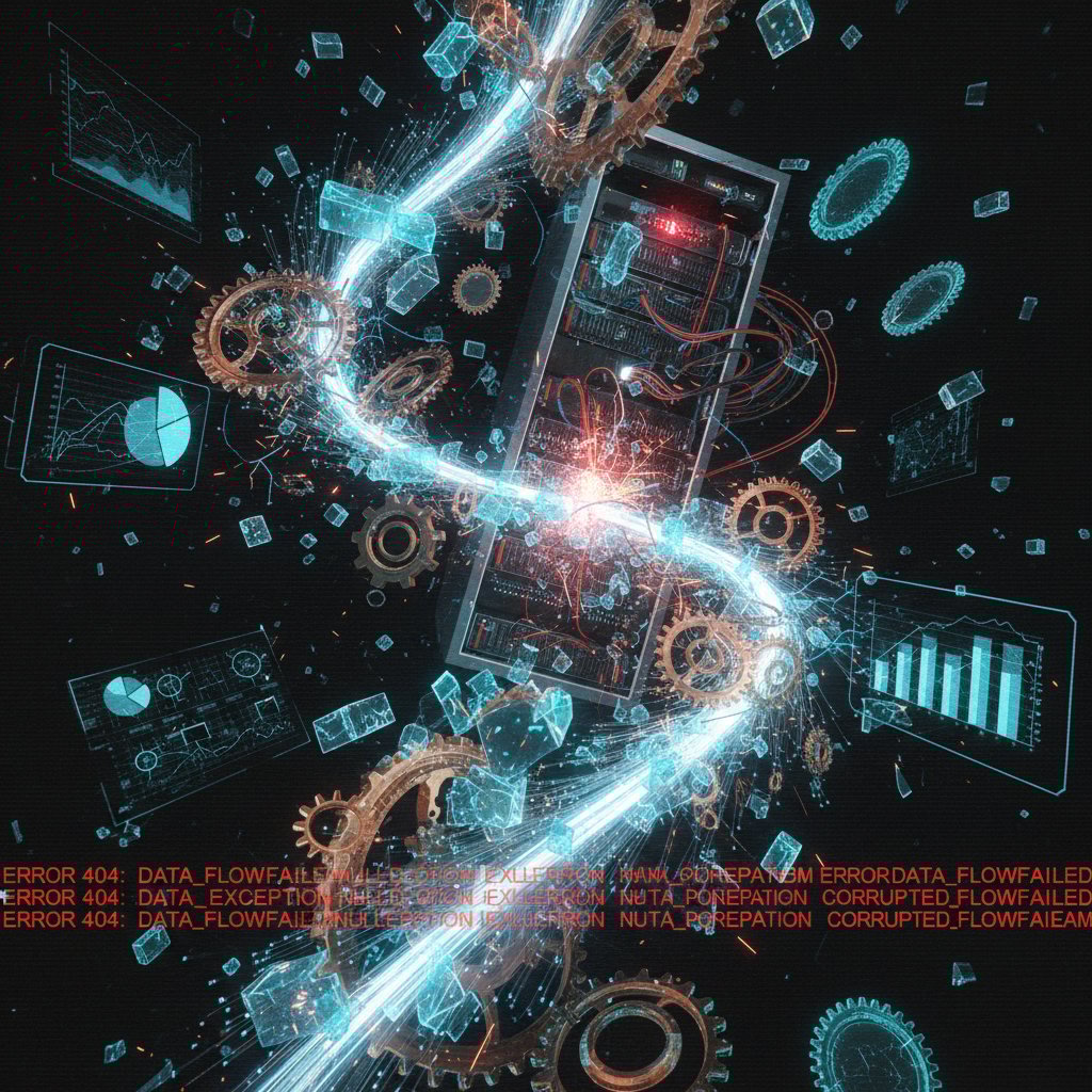 AI system with visible glitch in one data stream, symbolizing over-automation risks