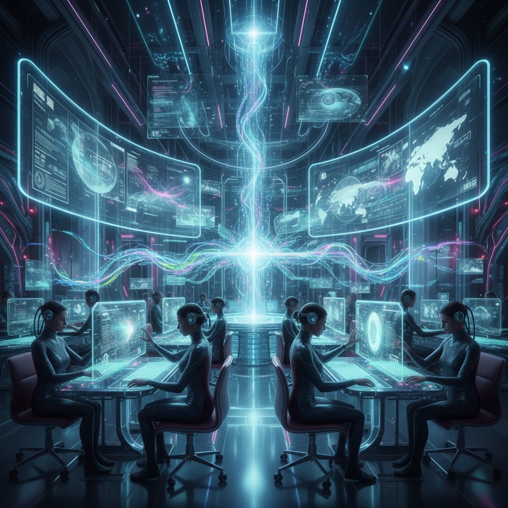 AI-powered system monitoring digital integrations, glowing data streams, futuristic office