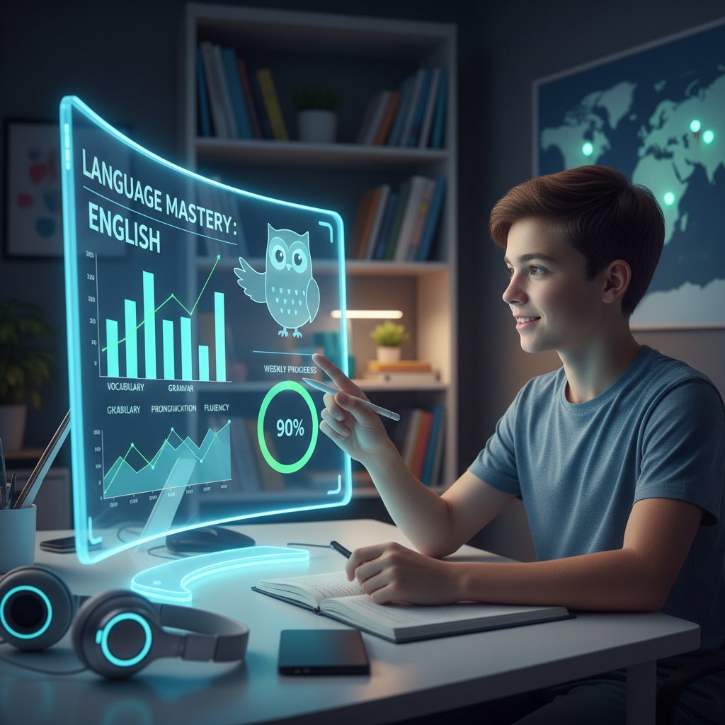 Nowoczesny system AI wspierający naukę języków, młoda osoba przed ekranem komputera z wykresami postępów