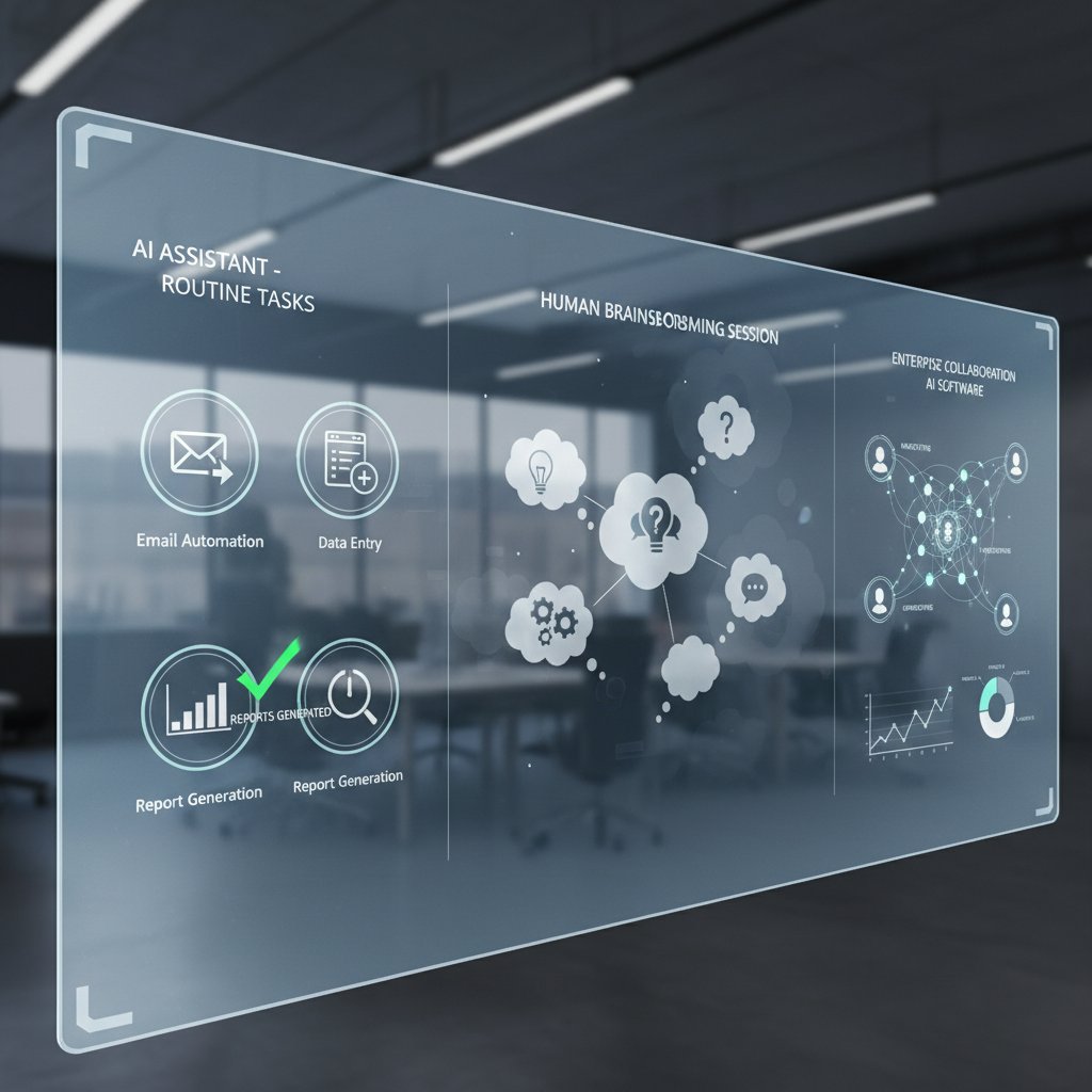 AI system managing routine tasks while humans engage in creative collaboration and brainstorming