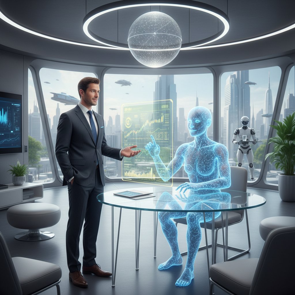 Sztuczna inteligencja rozmawiająca z człowiekiem o finansach w futurystycznym mieszkaniu, atmosfera zaufania