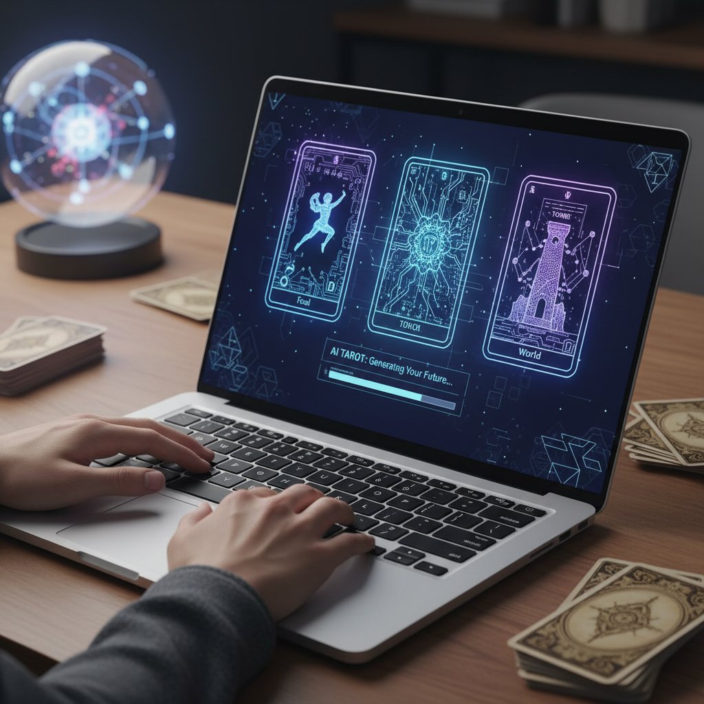 Osoba rozmawiająca z AI o tarot, ekran laptopa z wirtualną talią, współczesne otoczenie