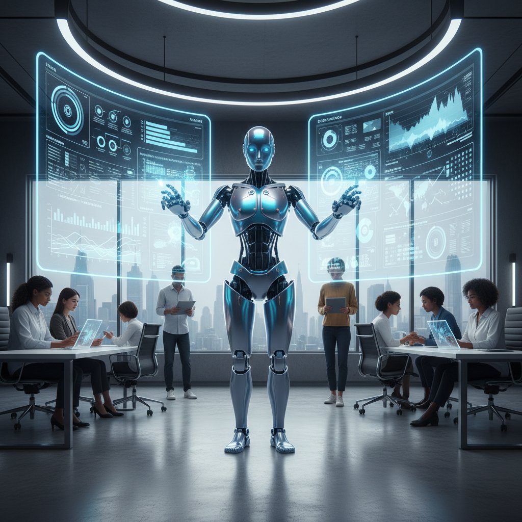 Nowoczesne biuro, nauczyciel AI analizuje dane edukacyjne, interaktywne ekrany