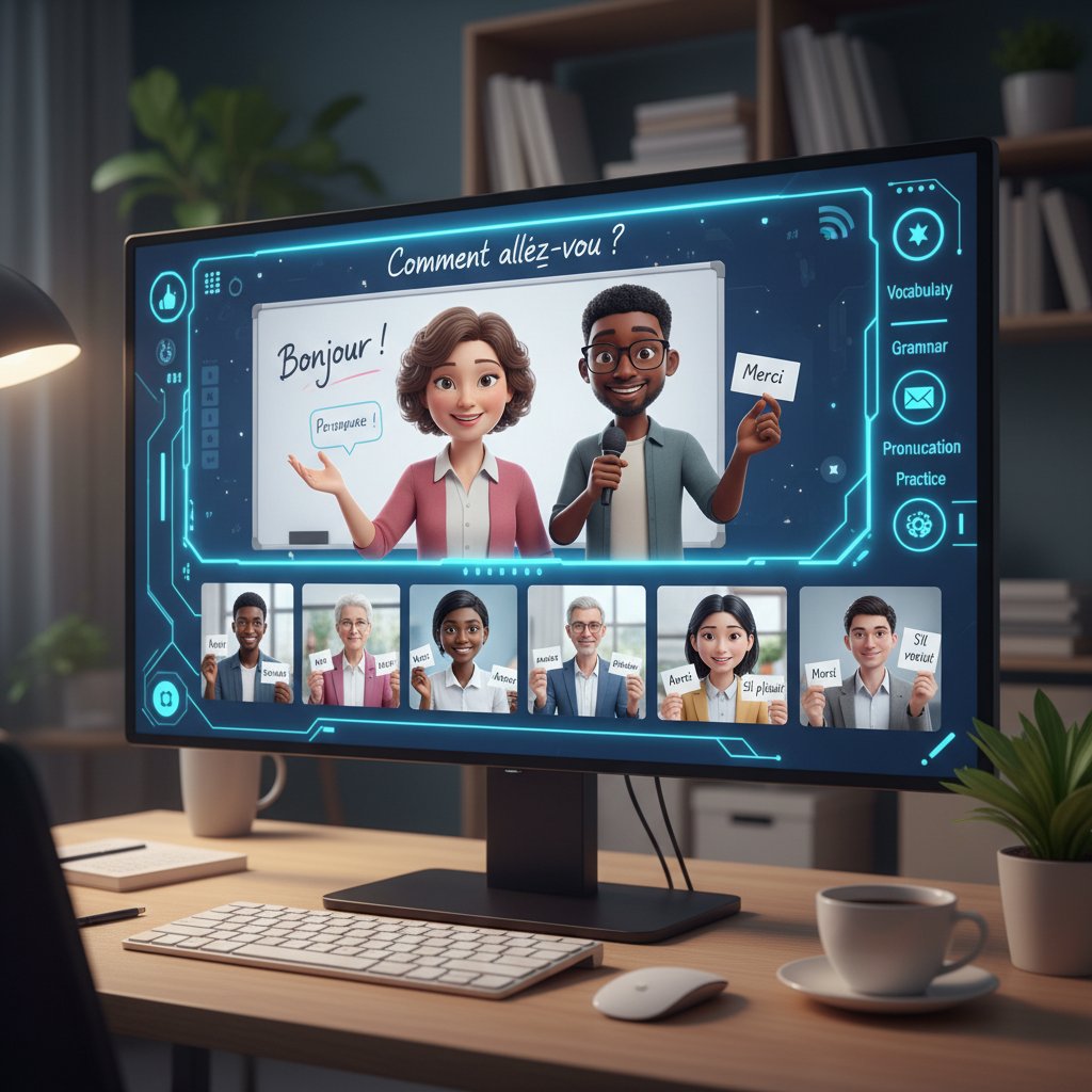 Nowoczesny nauczyciel AI prowadzący lekcję francuskiego online z uczniem