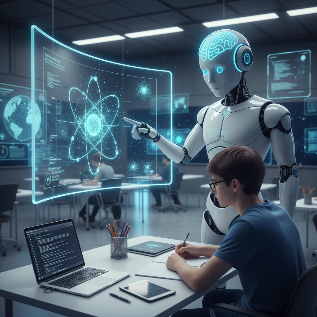 Nauczyciel AI na ekranie laptopa, student w słuchawkach, symulacja modelu atomowego