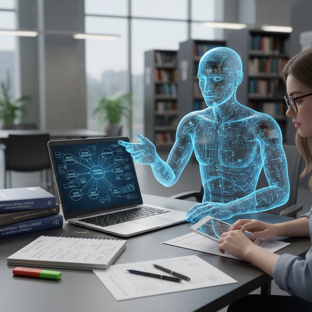 Nauczyciel AI wyświetlany na ekranie laptopa, obok notatki i książki ucznia