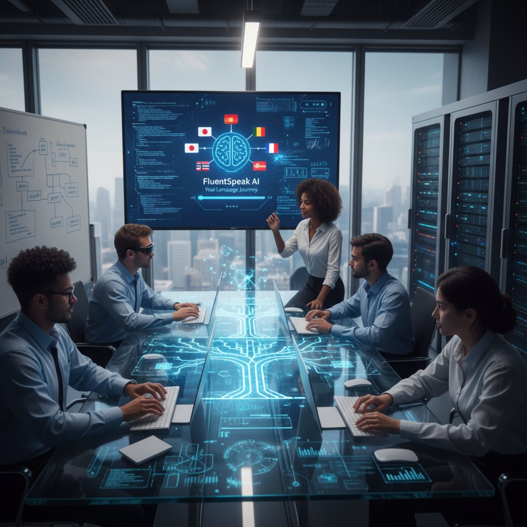 Zespół programistów testujących nową funkcję AI w aplikacji do nauki języków – słowa kluczowe: AI, big data, rosyjski online