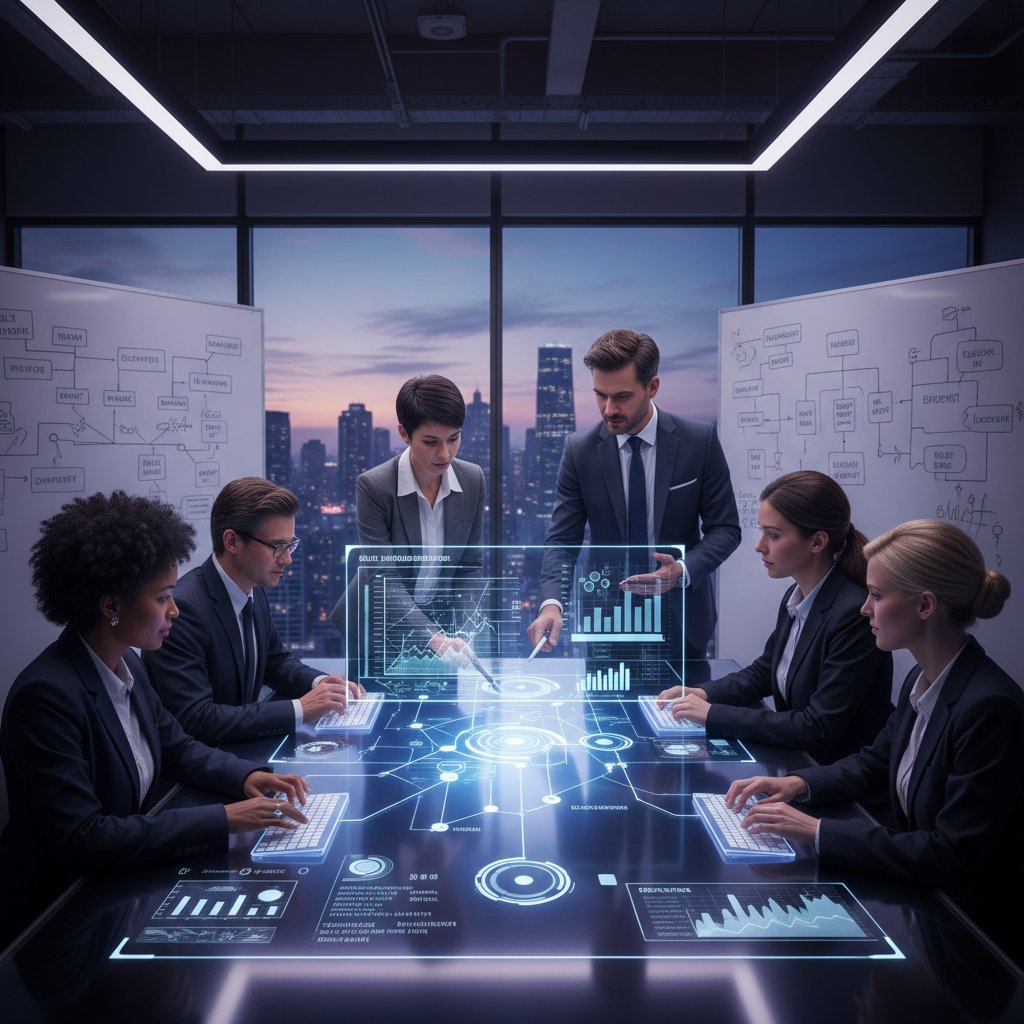 Nowoczesny zespół pracujący z AI nad strategią biznesową.