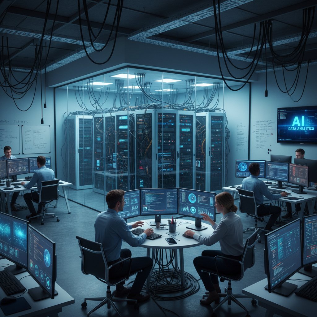 Zespół wirtualnych pracowników AI przy komputerach, ekrany z danymi i wykresami, nowoczesne biuro, dynamiczna scena