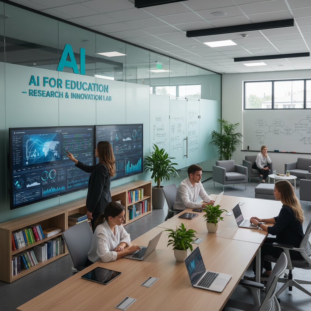 Zespół programistów i edukatorów analizuje dane algorytmów na ekranie w nowoczesnym biurze