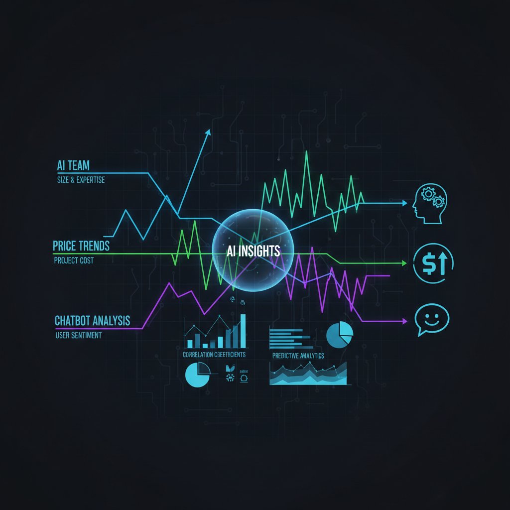 Zespół AI analizujący trendy cenowe na ścianie monitorów, chatbot w akcji