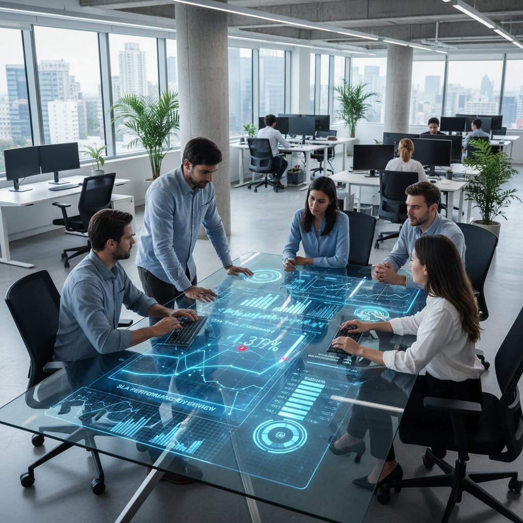 Nowoczesne biuro: zespół AI analizujący dane SLA na ekranach