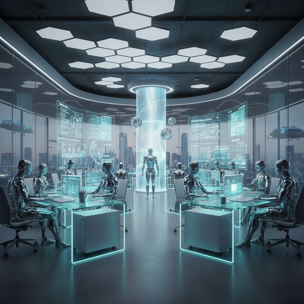 Zespół wirtualnych pracowników AI przy komputerach w nowoczesnym biurze