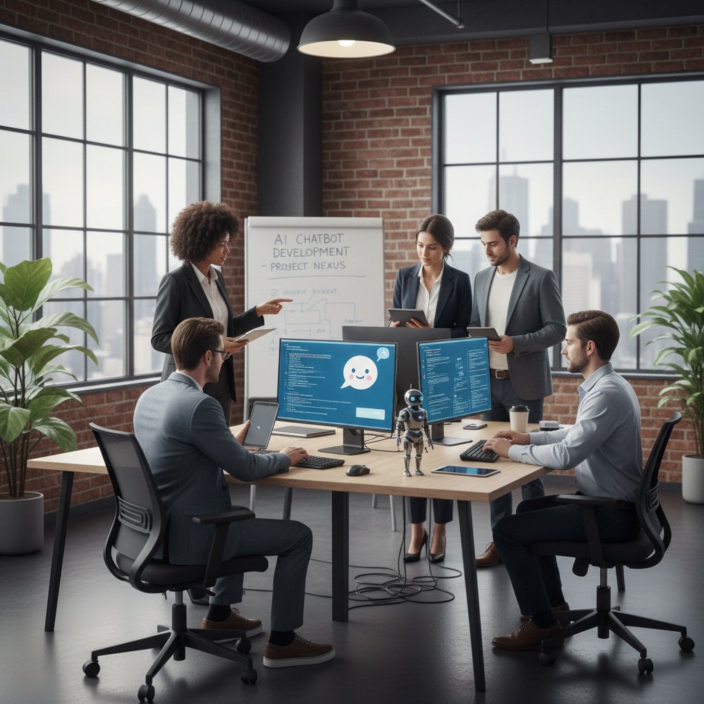 Zespół młodych specjalistów pracujących nad rozwojem chatbota – nowoczesne miejsce pracy