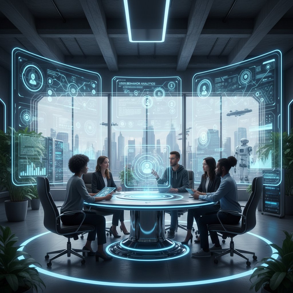 Zespół AI analizuje dane użytkowników na ekranach komputerów, nowoczesne biuro technologiczne