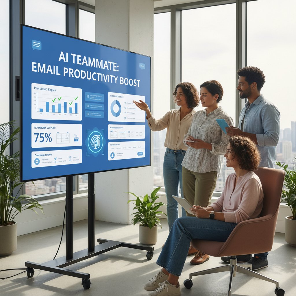 Photo of an email inbox on a large screen, with AI-generated labels and task suggestions, team collaborating in background