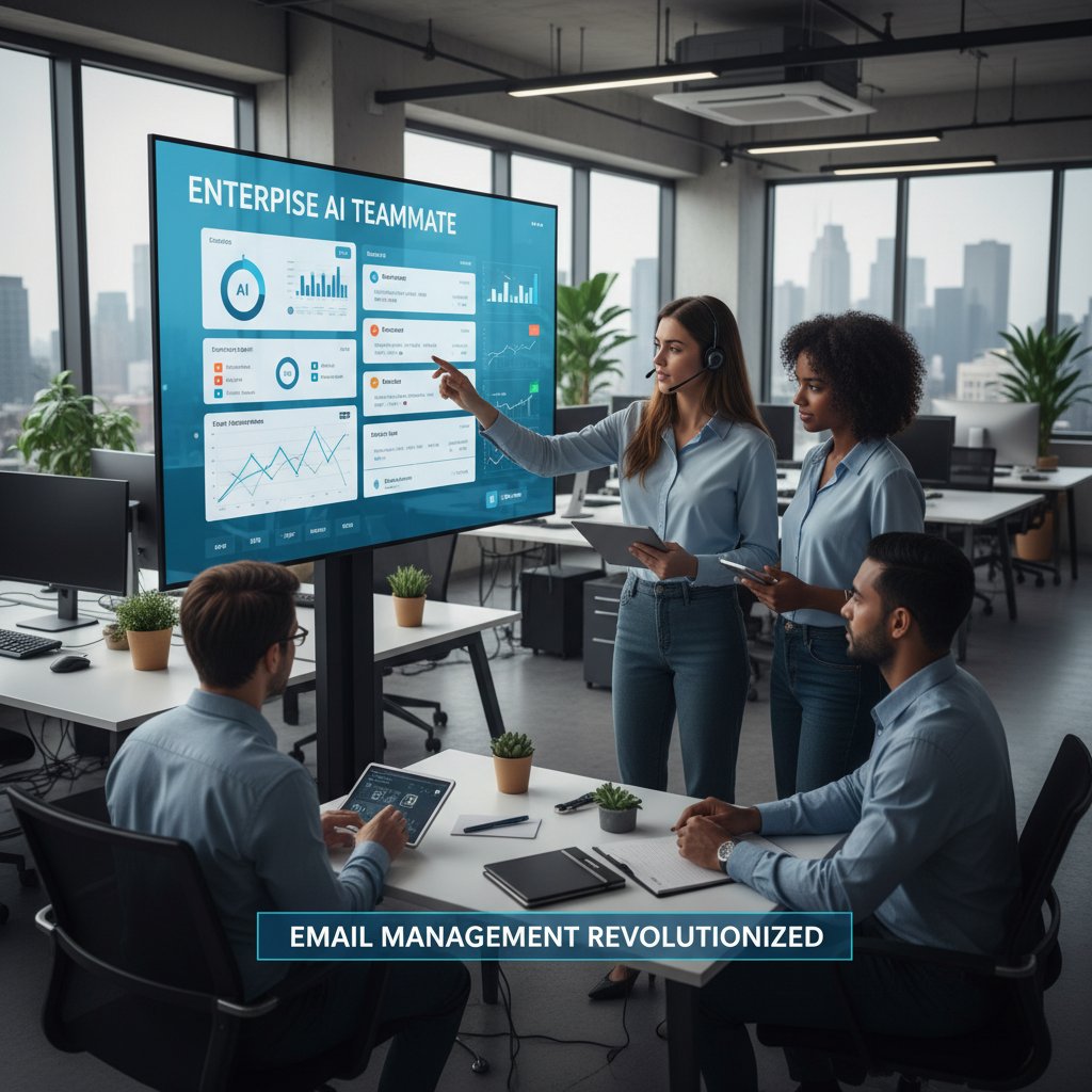 Team working late in a high-rise office, AI figure analyzing email threads on screen