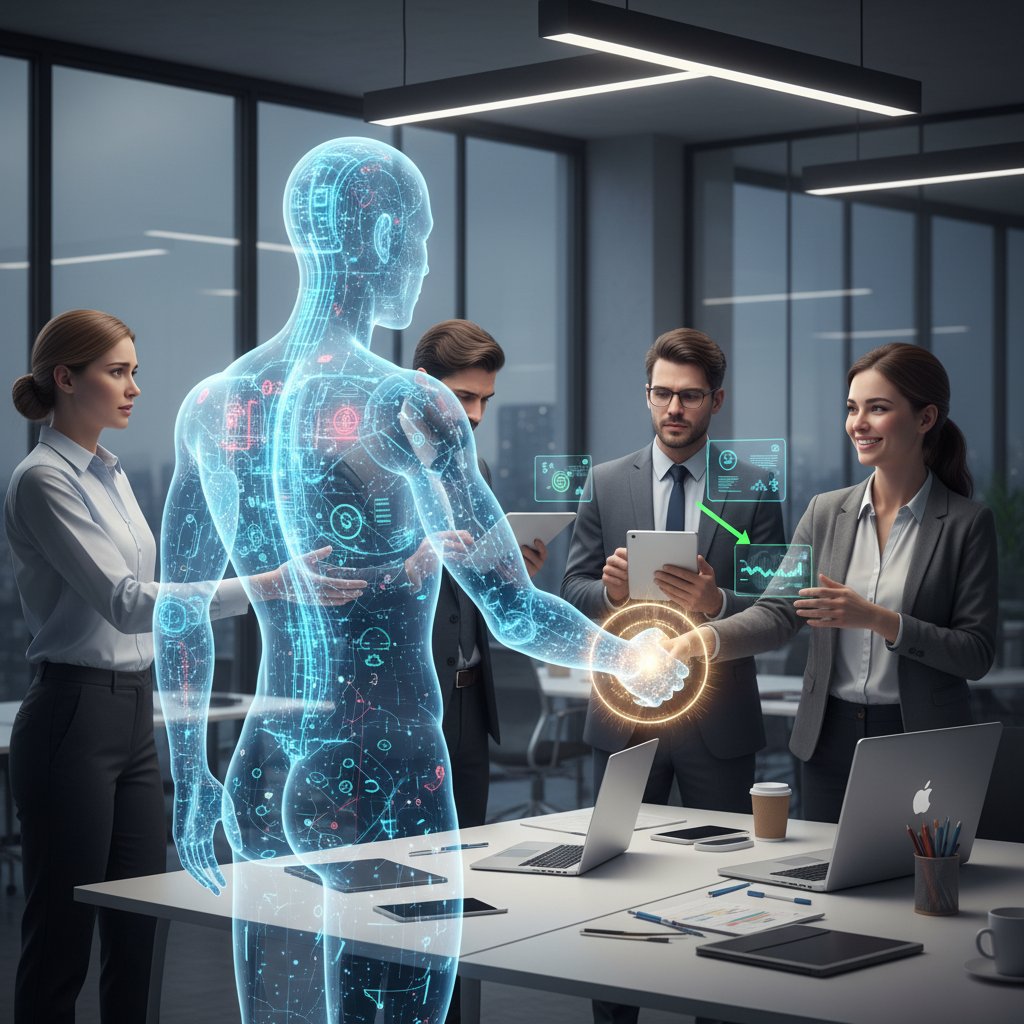 Team member interacting with AI coworker, emotions ranging from curiosity to unease