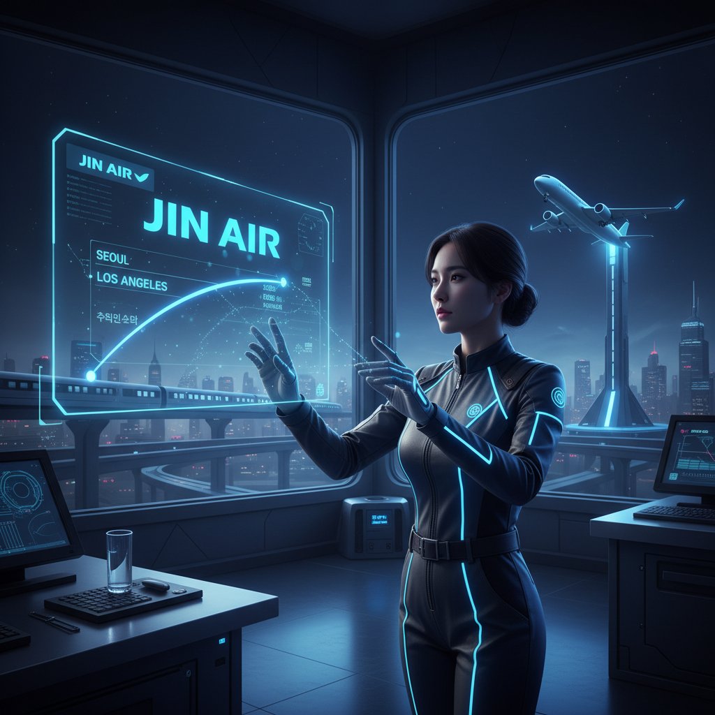 Technologist analyzing flight search data, AI interface, futuristic screens, Jin Air highlighted