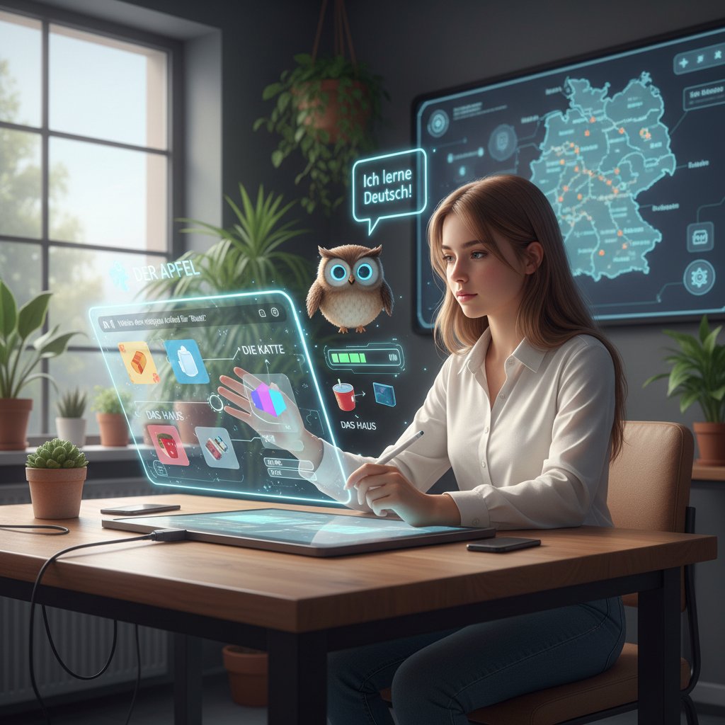 Nowoczesna technologia AI podczas nauki języka niemieckiego, uczeń pracujący z laptopem, ekran z interaktywnymi ćwiczeniami