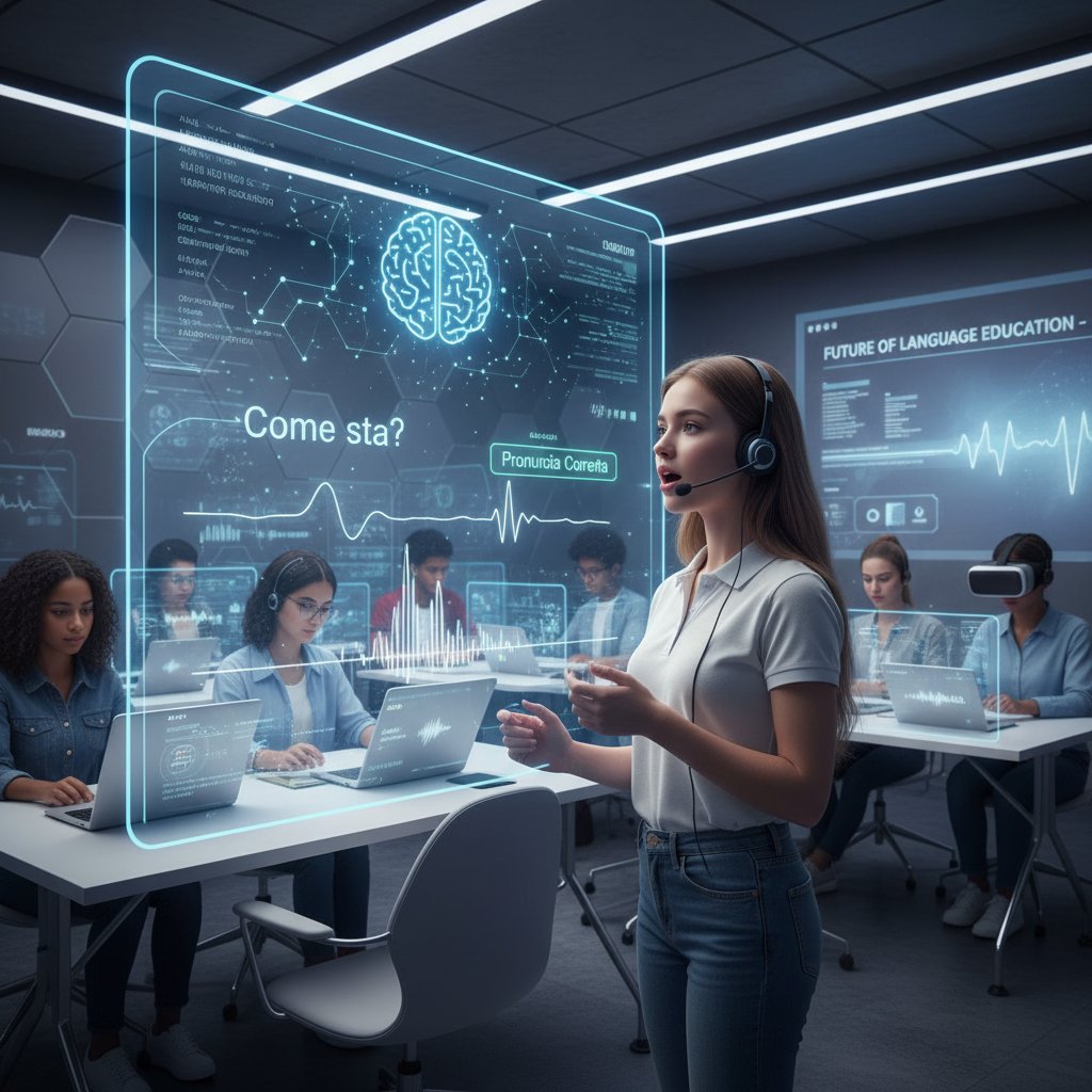 Nowoczesna technologia edukacyjna – AI analizująca wymowę włoską ucznia na laptopie