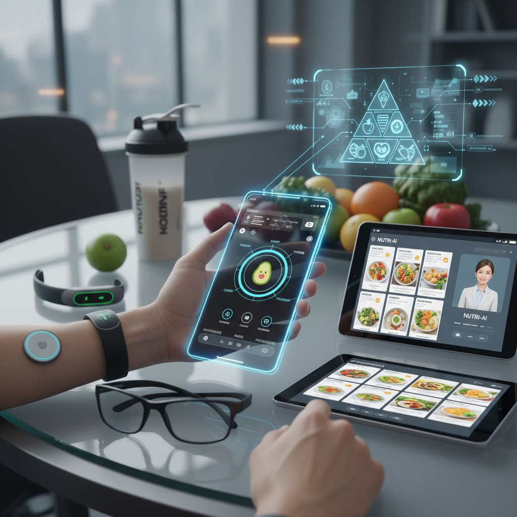 Kolaż technologii AI, smartfonów i urządzeń wearable stosowanych w doradztwie żywieniowym online