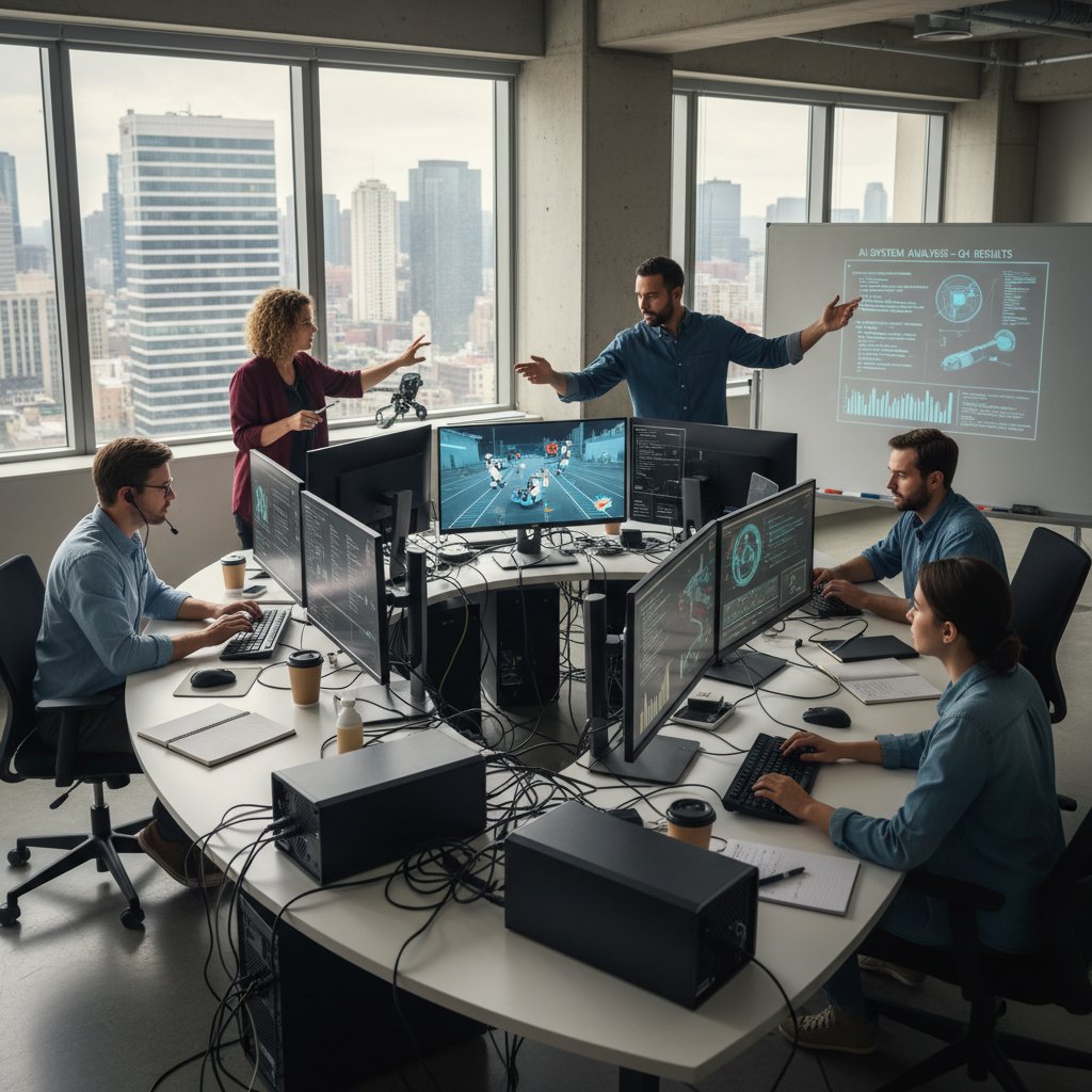 Zespół testerów pracujących przy komputerach, analizujących dialogi AI