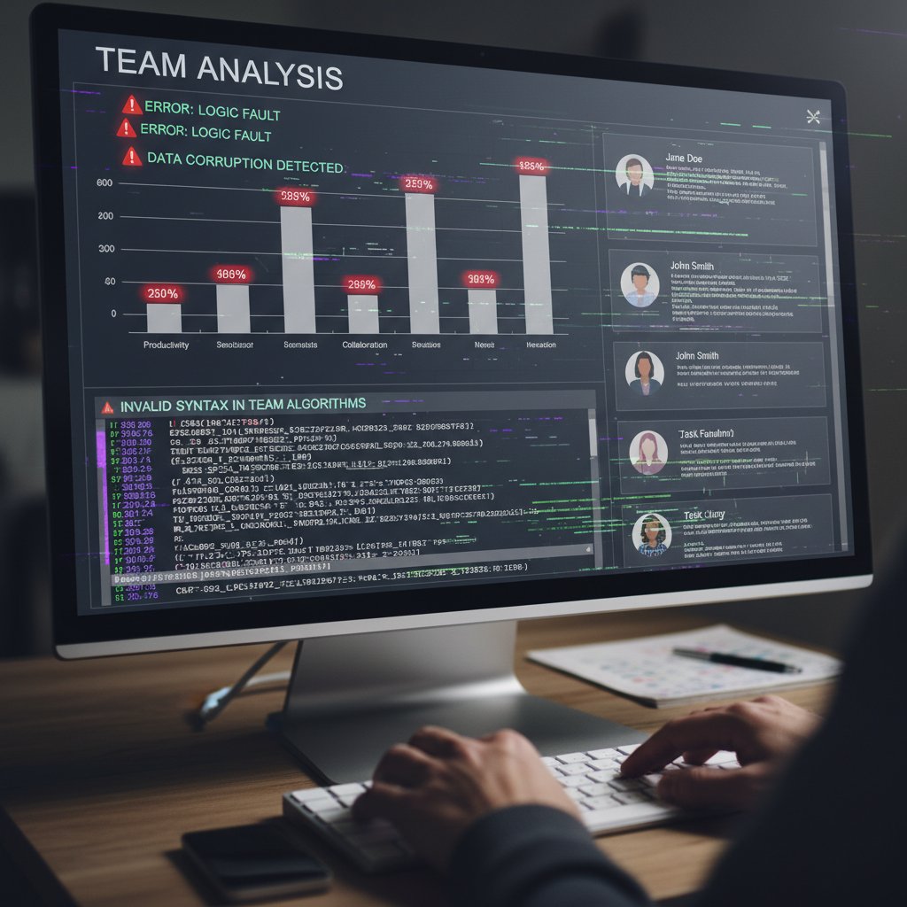 Zespół analizuje błędy w wygenerowanych przez AI tekstach na ekranie komputera