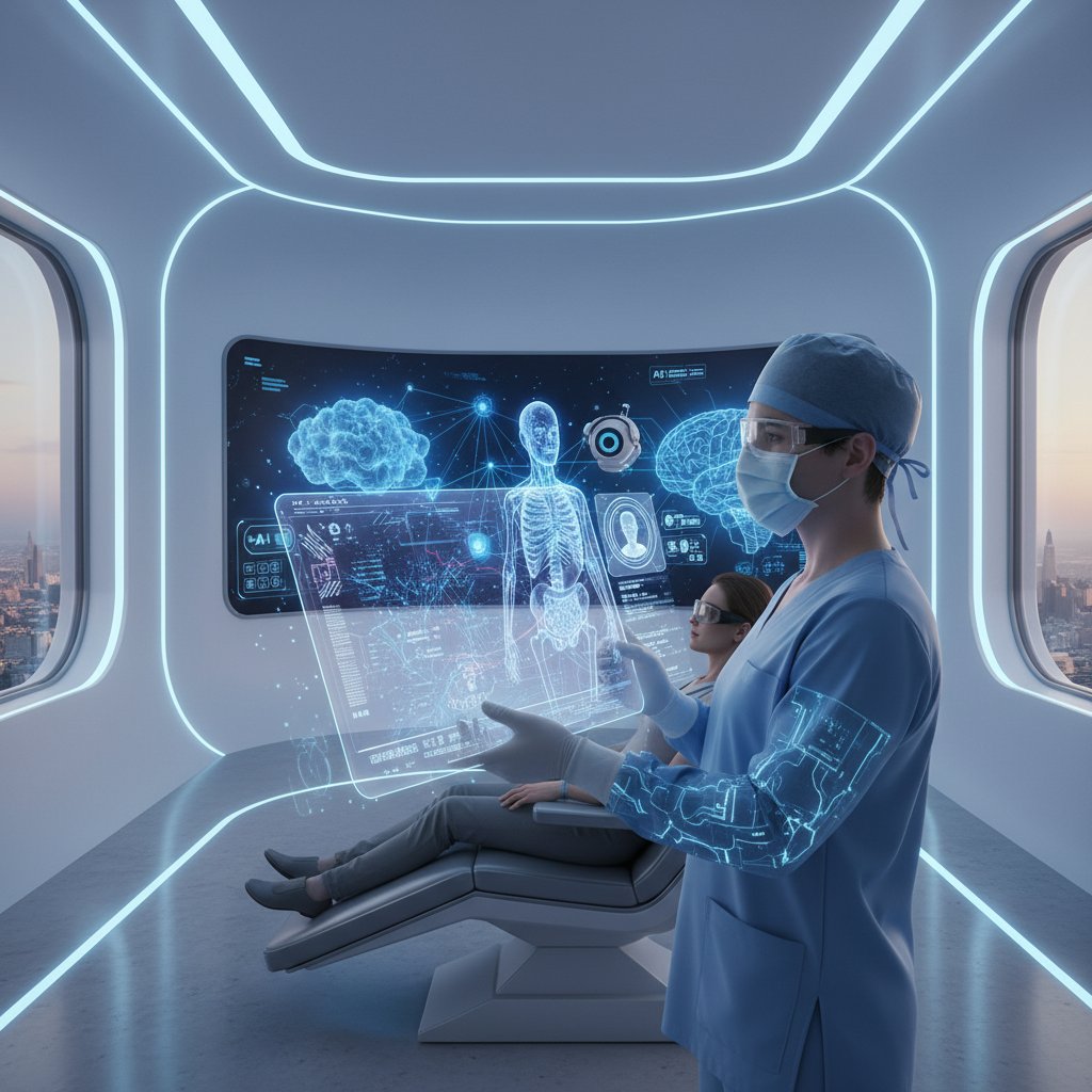 Telemedycyna i AI w konsultacjach dotyczących plastyki brzucha, futurystyczny interfejs, tablet, nowoczesna klinika, 16:9