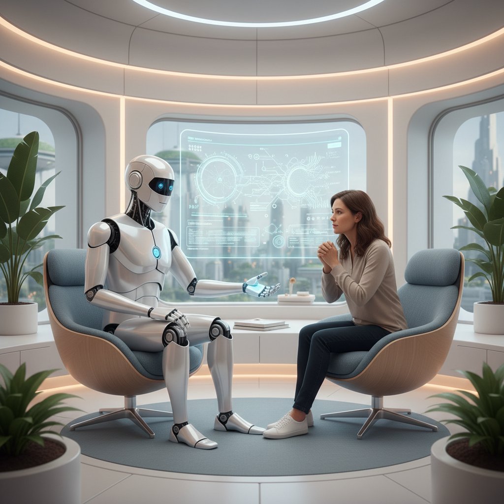 AI jako terapeuta rozmawiająca z pacjentem w nowoczesnym gabinecie